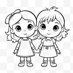 两个小女孩着色页轮廓素描 向量
