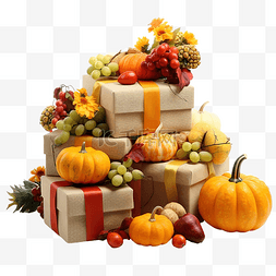感恩节礼盒素材图片_感恩节礼盒，桌上有水果和蔬菜秋