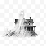 白色幽灵困扰着废弃的房子万圣节概念