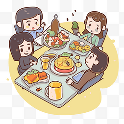 吃晚餐的卡通食物一家人坐在桌旁