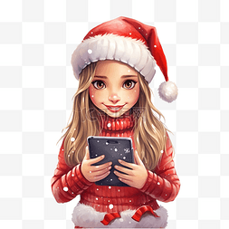 手机发送消息图片_庆祝圣诞假期的女孩用手机发送消