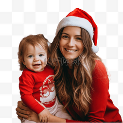 戴着圣诞老人红帽的妈妈和宝宝微