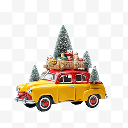 圣诞雪地车图片_戴着黄色冬帽的红色圣诞老人汽车