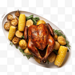 美味烤玉米图片_感恩节菜肴的顶视图，包括烤鸡和