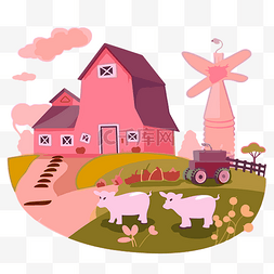 粉红色猪卡通图片_粉红色农场剪贴画农场谷仓与猪在