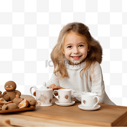 圣诞厨房里坐在桌子上喝茶的小女