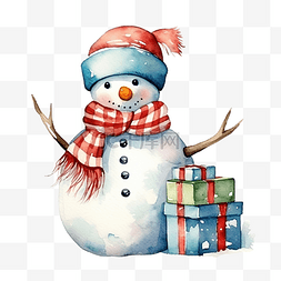 水彩礼物盒图片_雪人圣诞节冬季围巾和帽子复古与