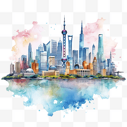 地中海式风格图片_上海城市景观天际线多彩水彩风格
