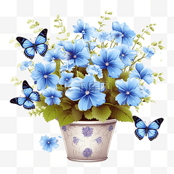 花盆里有蓝色的花，还有蝴蝶在飞