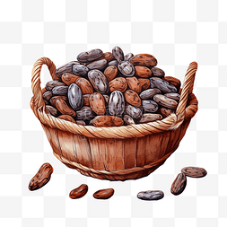 巧克力豆手绘图片_柳条篮子里的水彩可可豆