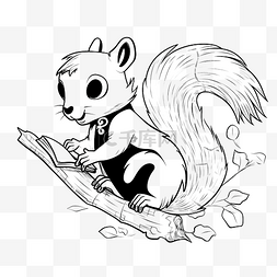 松鼠尾巴卡通图片_黑白画家松鼠角色坐在树枝上矢量