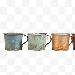 各种颜色的旧锌咖啡杯的集合