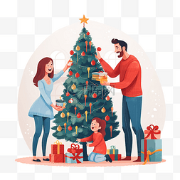 父亲节横屏图片_幸福的家庭装饰客厅里的圣诞树