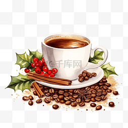 一杯热咖啡图片_一杯咖啡，配有圣诞装饰品和咖啡