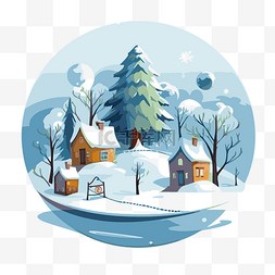 冬季场景剪贴画圣诞平面主题与村
