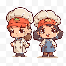 两个戴着厨师帽和手套的卡通小孩