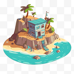 海滩剪贴画卡通彩色卡通岛上的房