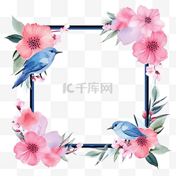 水彩花卉框架图片_蓝色和粉色渐变相框，有花和鸟