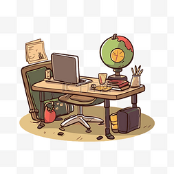 卡通办公风格办公桌家具与地球仪