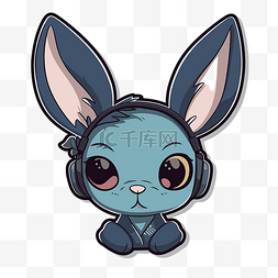头上戴着耳机的蓝色兔子 剪贴画 