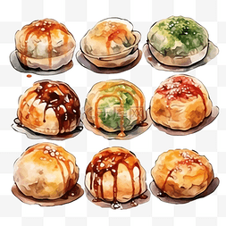 香港水彩图片_章鱼烧日本料理美味的亚洲街头食