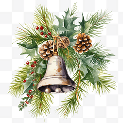 铃儿响图片_圣诞贺卡，配有冷杉树枝和木制铃