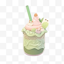 3D 渲染去一杯牛奶与绿茶顶冰淇淋