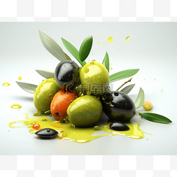 溢出的图片_溢出在表面上的许多橄榄和橄榄油