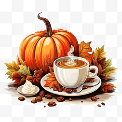 蘑菇树艺术图片_秋季矢量静物咖啡南瓜和叶子咖啡