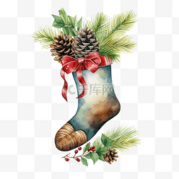 手绘松果PNG图片_水彩圣诞袜子与冷杉树枝