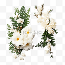 白花和崖柏树枝的圣诞冬季组合物
