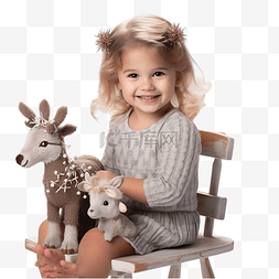小鹿圣诞主题图片_快乐可爱漂亮的小女孩坐在复古木