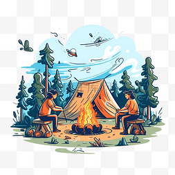 涂鸦篝火图片_游客用涂鸦风格的露营插画生火