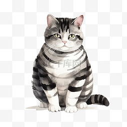 黑白条纹手绘图片_胖乎乎的猫，有黑白条纹，站立水