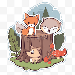 熊和狐狸图片_可爱的林地贴纸，树桩上有熊和狐