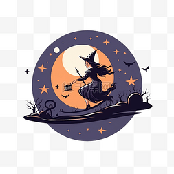 月亮矢量插画图片_快乐的万圣节庆祝活动与女巫飞扫