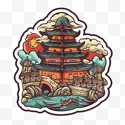 日本元素贴纸图片_关于日本寺庙的复古徽章贴纸 向