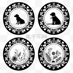 四只可爱的狗黑色设计与花框手工