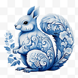 圣诞松鼠矢量图蓝色瓷手绘冬季人