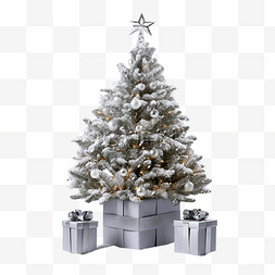 圣诞树站在雪中，灰色的圣诞礼物