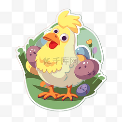 复活节贴纸，上面有一只鸡和彩色