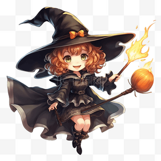 万圣节装饰可爱女巫戴着帽子骑着扫帚飞翔