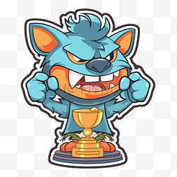 拿着奖杯的有趣的怪物狐狸角色 