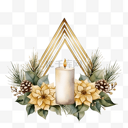 圣诞花蜡烛图片_几何金框，配有水彩圣诞树蜡烛冬