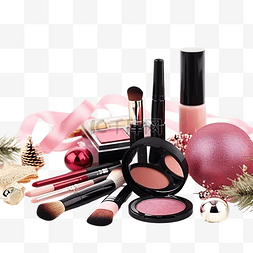 化妆刷和带有圣诞装饰品的化妆品