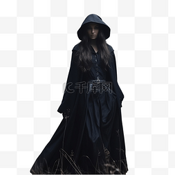 穿着长外套和黑眼睛的黑女巫站在