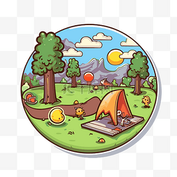 户外帐篷卡通图片_圆形贴纸，上面有树木附近的卡通