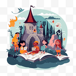 矢量城堡卡通图片_讲故事剪贴画儿童读书与背景矢量