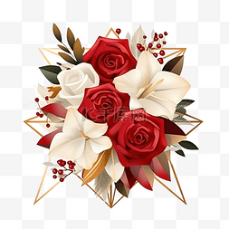 美丽的红白花束，金色几何框架平