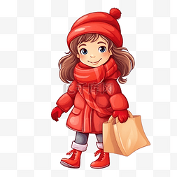 圣诞帽中的礼物图片_孩子购物后拿着红色袋子看着